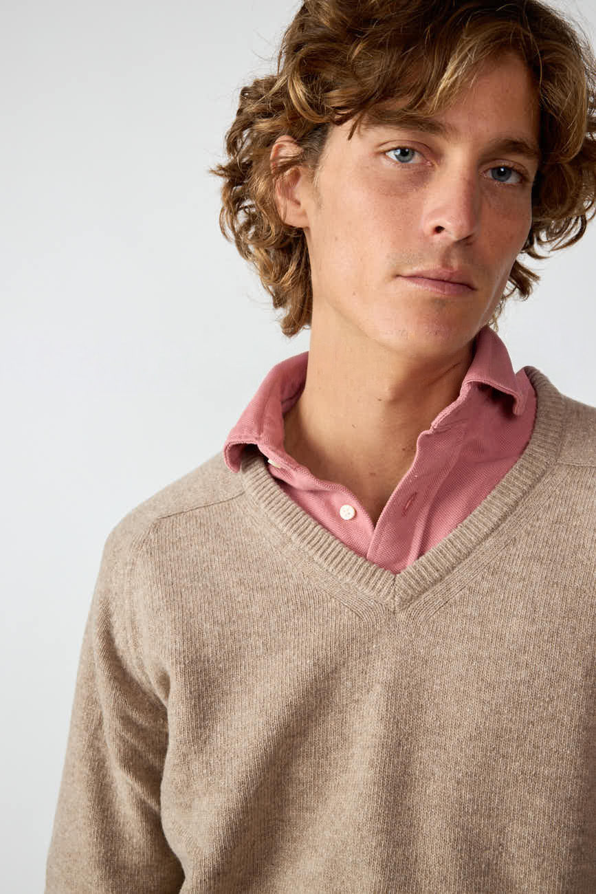 <tc>Sweater</tc> Lambswool V-neck - Tan Beige