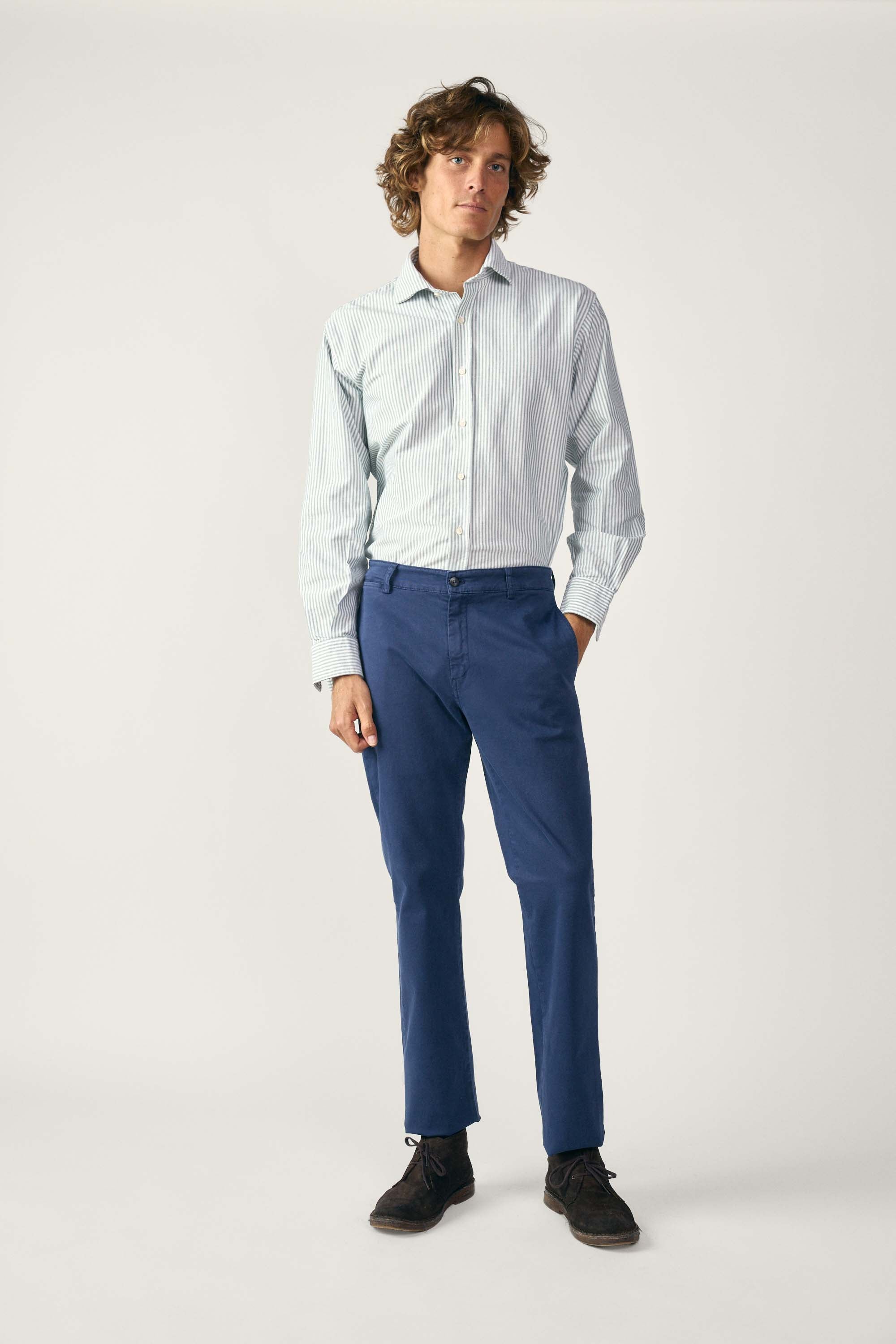 Camisa de Algodón - Oxford Rayas Verde Oscuro y Blanco