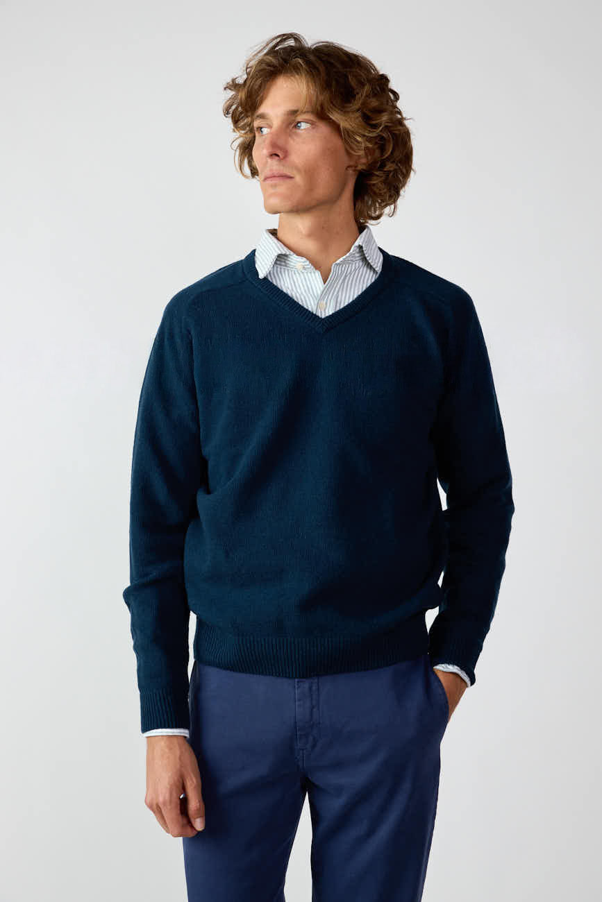 Jersey Cuello Pico Lambswool - Azul Petróleo