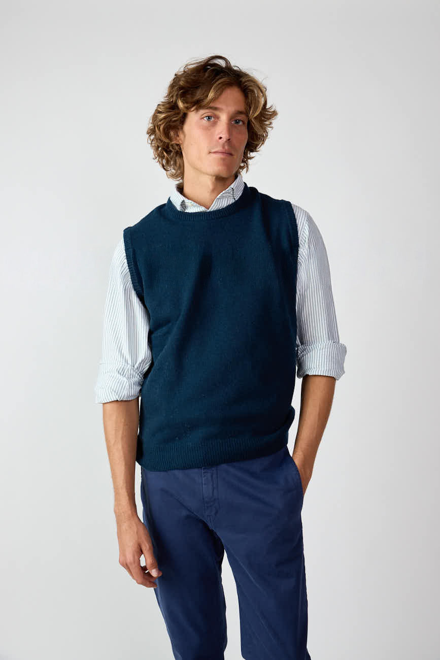 Chaleco Cuello Redondo Lambswool - Azul Petróleo