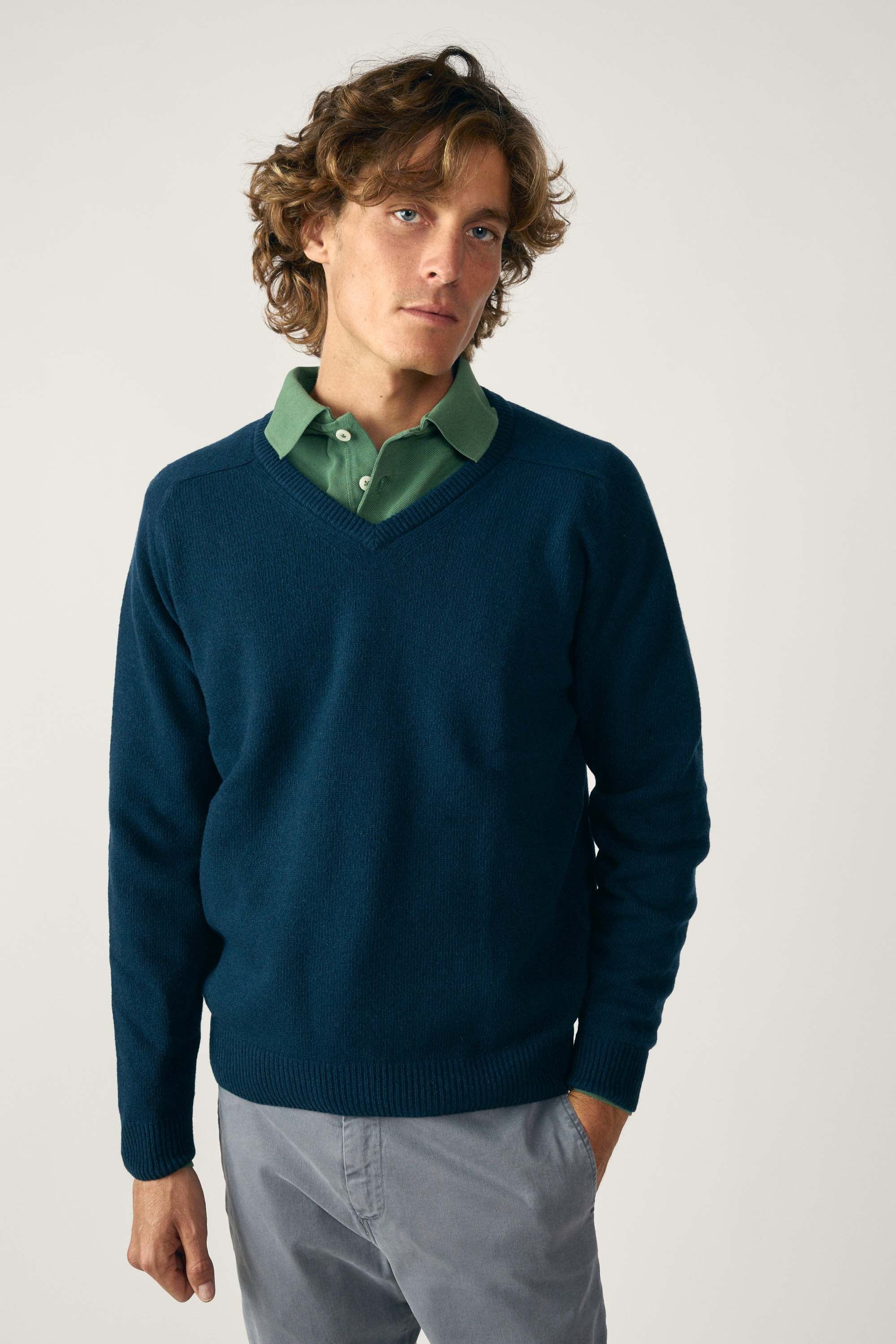 Jersey Cuello Pico Lambswool - Azul Petróleo