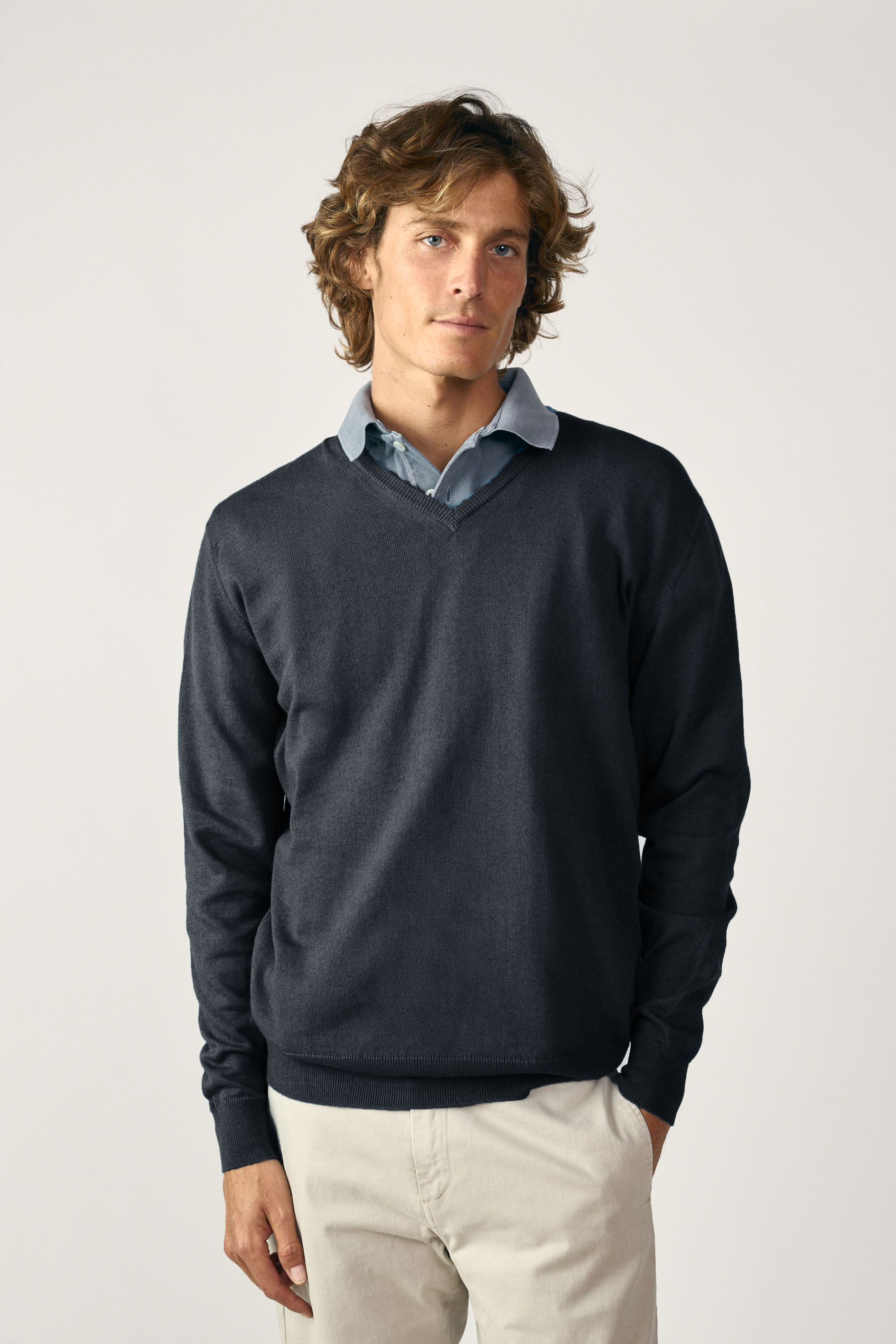 Jersey Cuello Pico Algodón - Gris Marengo