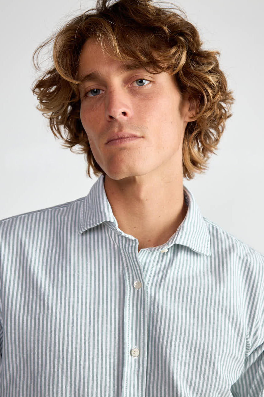 Camisa de Algodón - Oxford Rayas Verde Oscuro y Blanco