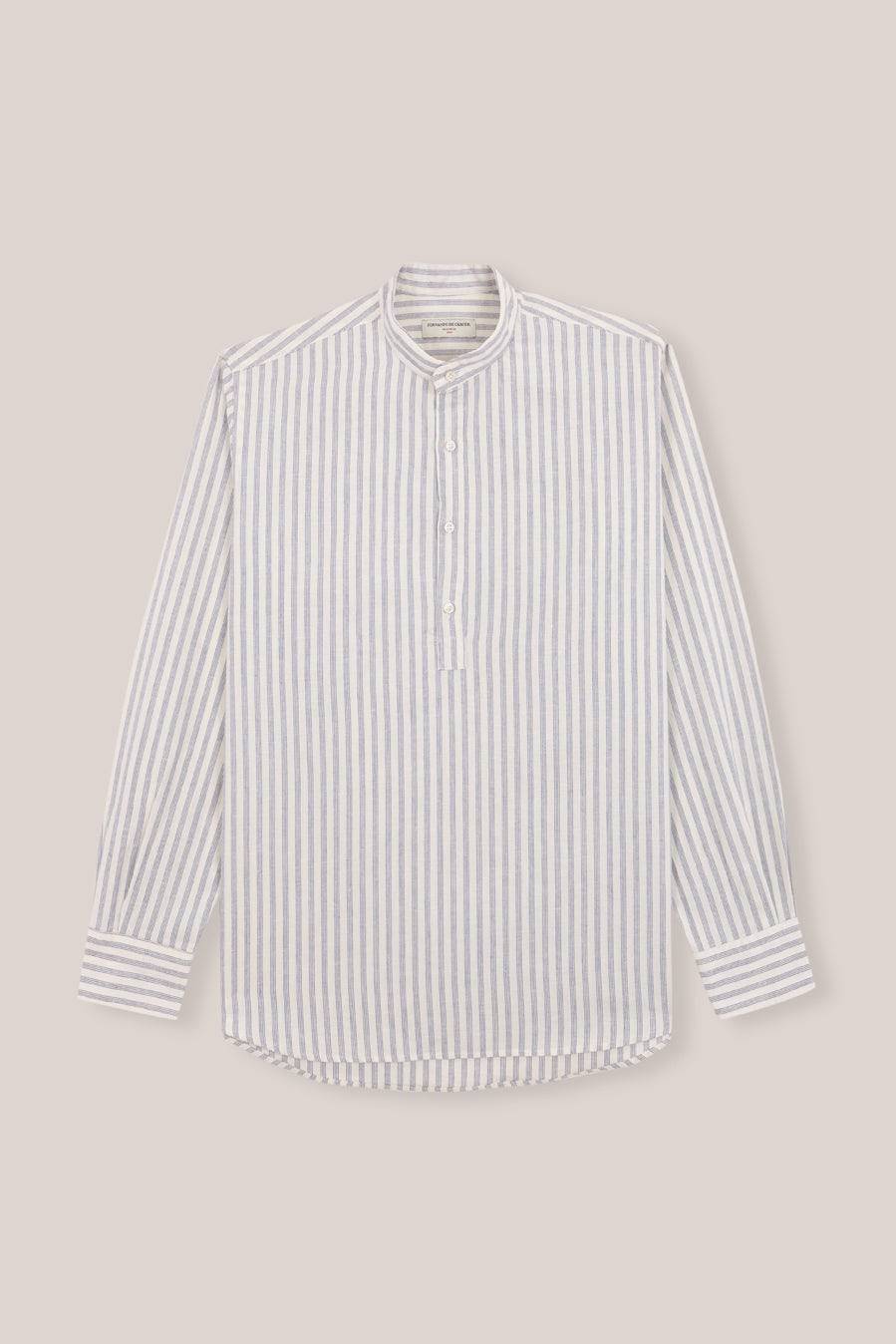 Polera de Algodón Cuello Mao - Crudo Rayas Azules - Fernando de Cárcer