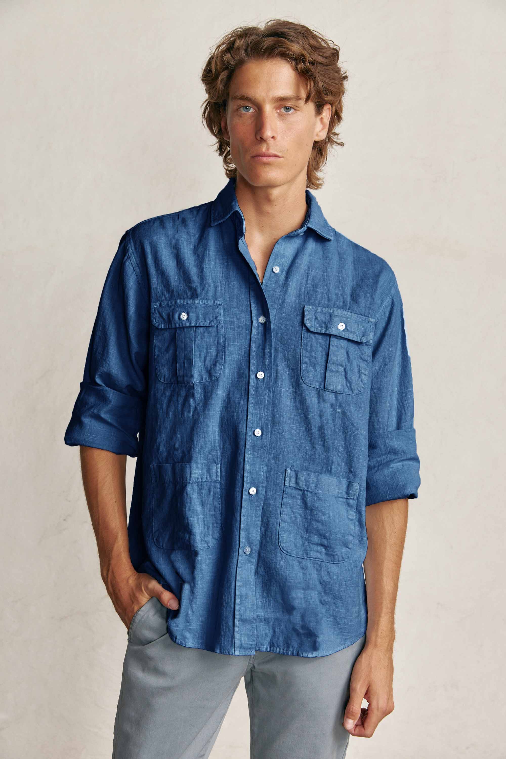 Camisa Guayabera de Lino - Azul Marino