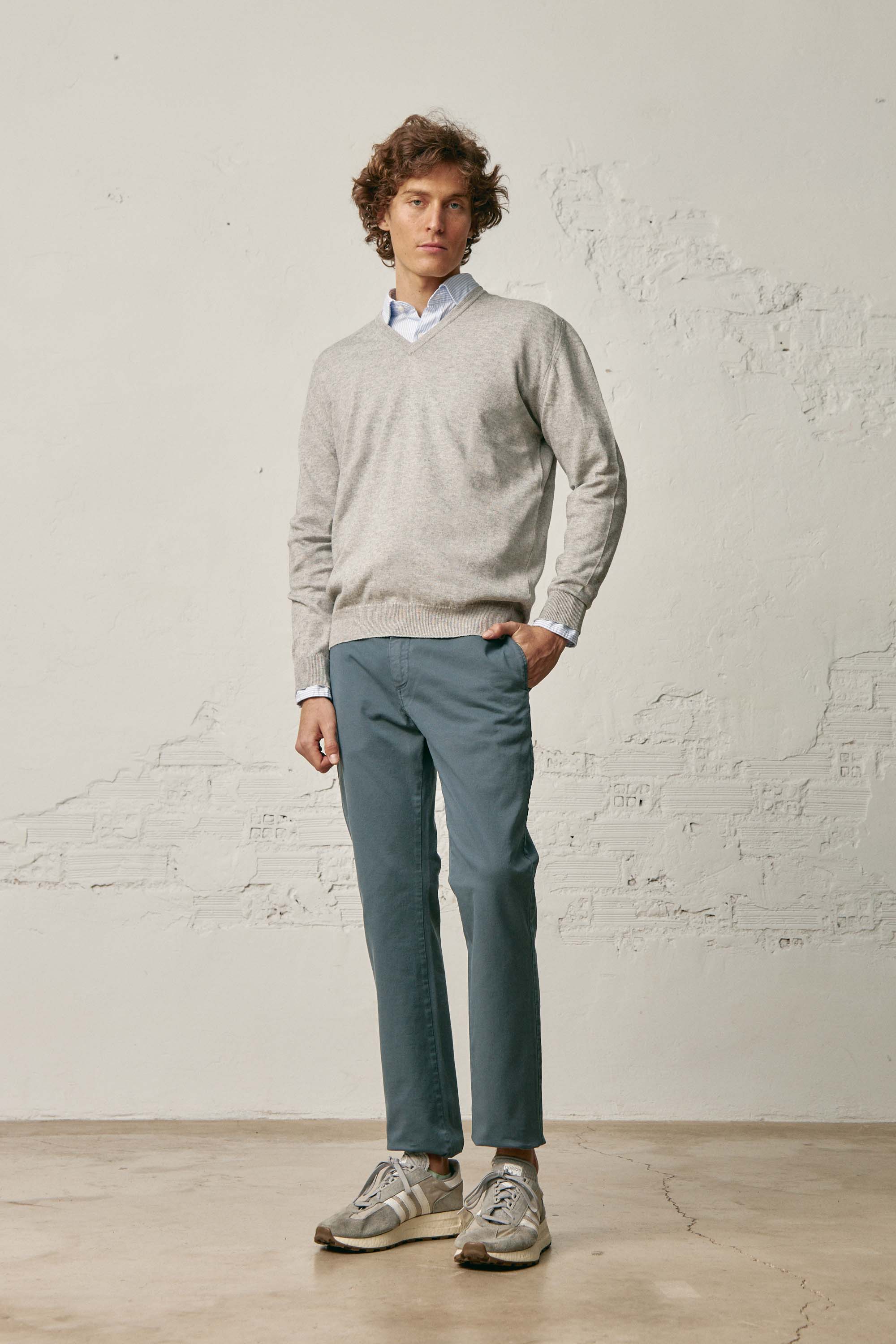 Jersey Cuello Pico Algodón / Lana - Gris Claro - Fernando de Cárcer