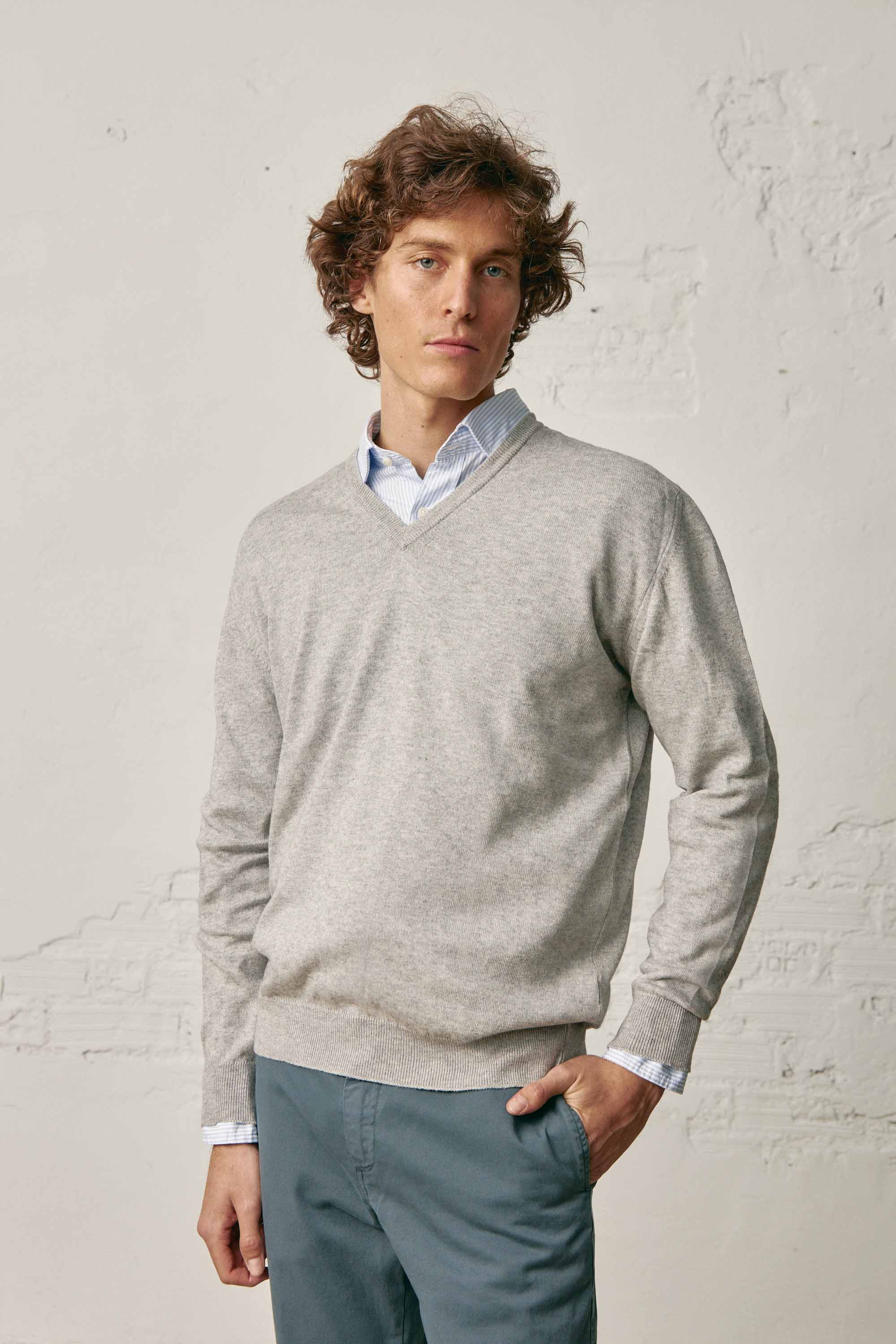 Jersey Cuello Pico Algodón / Lana - Gris Claro - Fernando de Cárcer