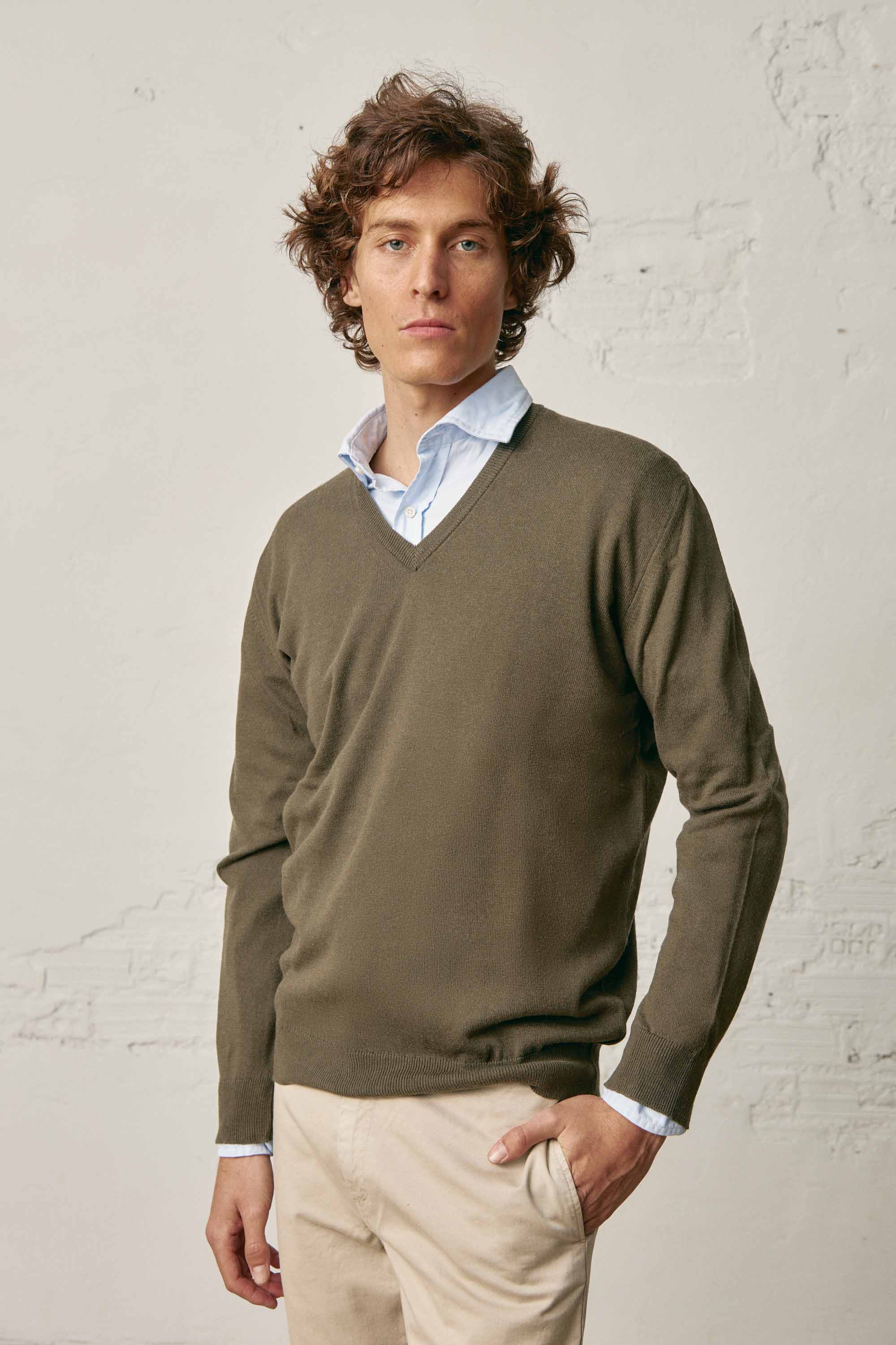 Jersey Cuello Pico Algodón / Lana - Khaki - Fernando de Cárcer