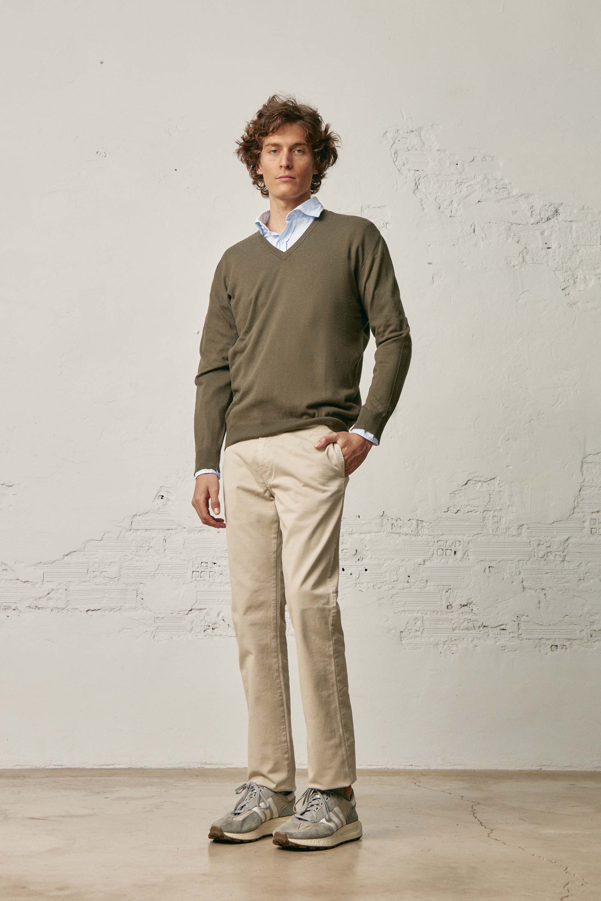 Jersey Cuello Pico Algodón / Lana - Khaki - Fernando de Cárcer