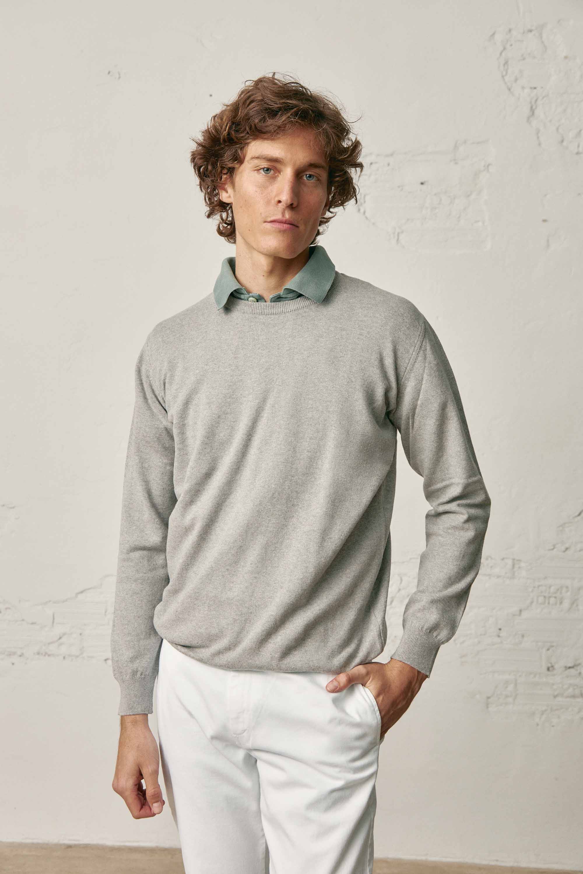Jersey Cuello Redondo Fino Algodón / Lana - Gris Claro - Fernando de Cárcer