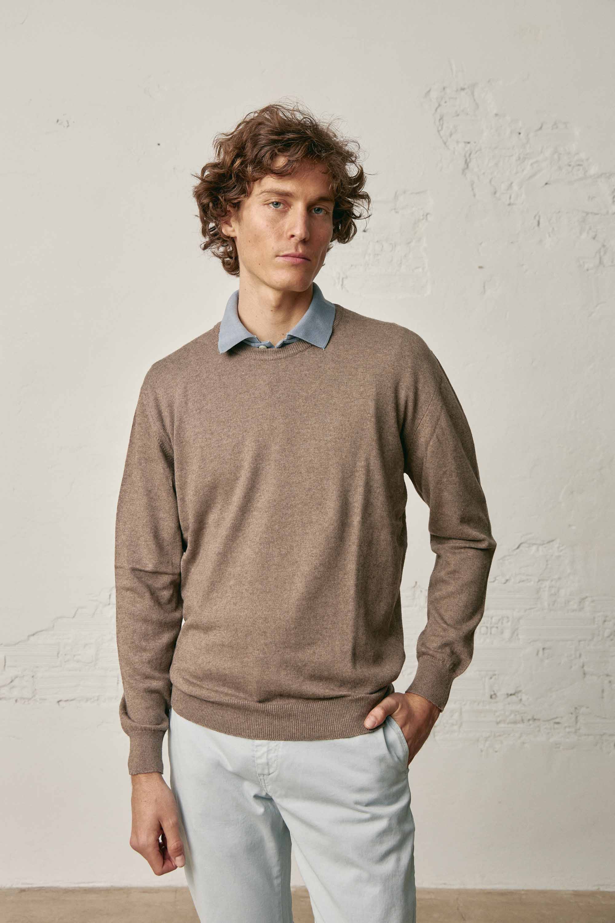 Jersey Cuello Redondo Fino Algodón / Lana - Tostado - Fernando de Cárcer