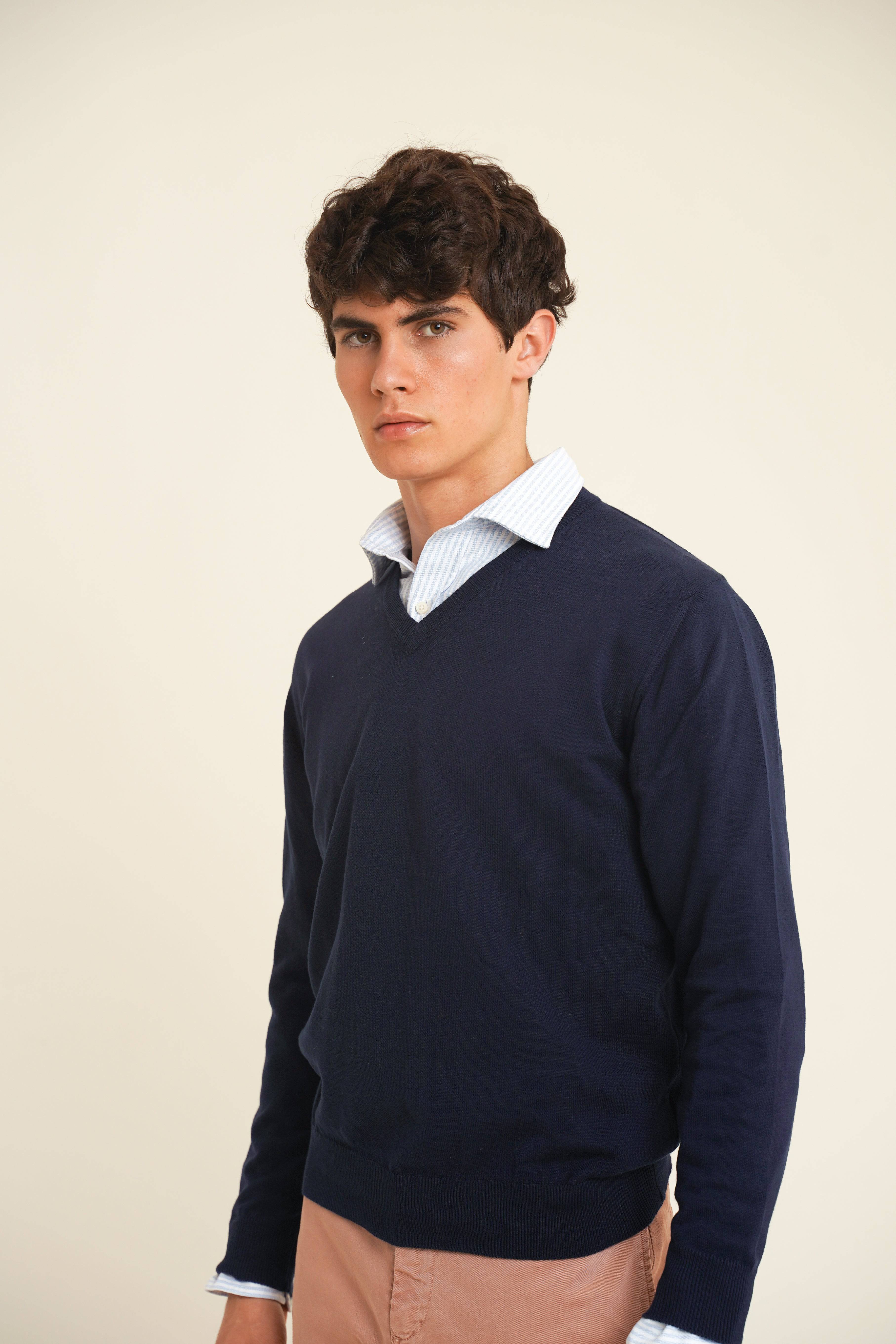 Jersey Cuello Pico Algodón - Azul Marino - Fernando de Cárcer