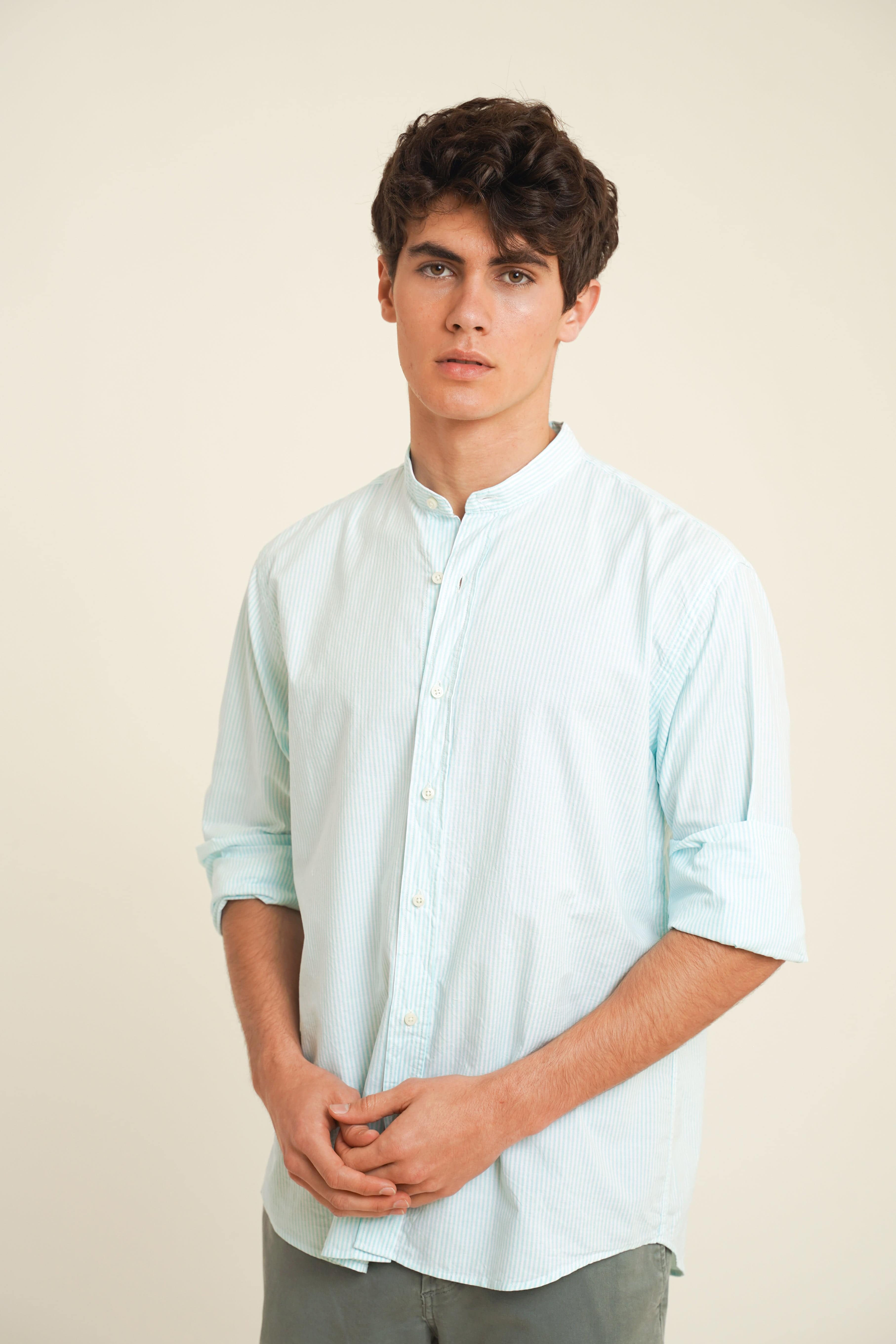 <tc>Shirt</tc> Cotton Mao Collar - Aqua and White Stripes