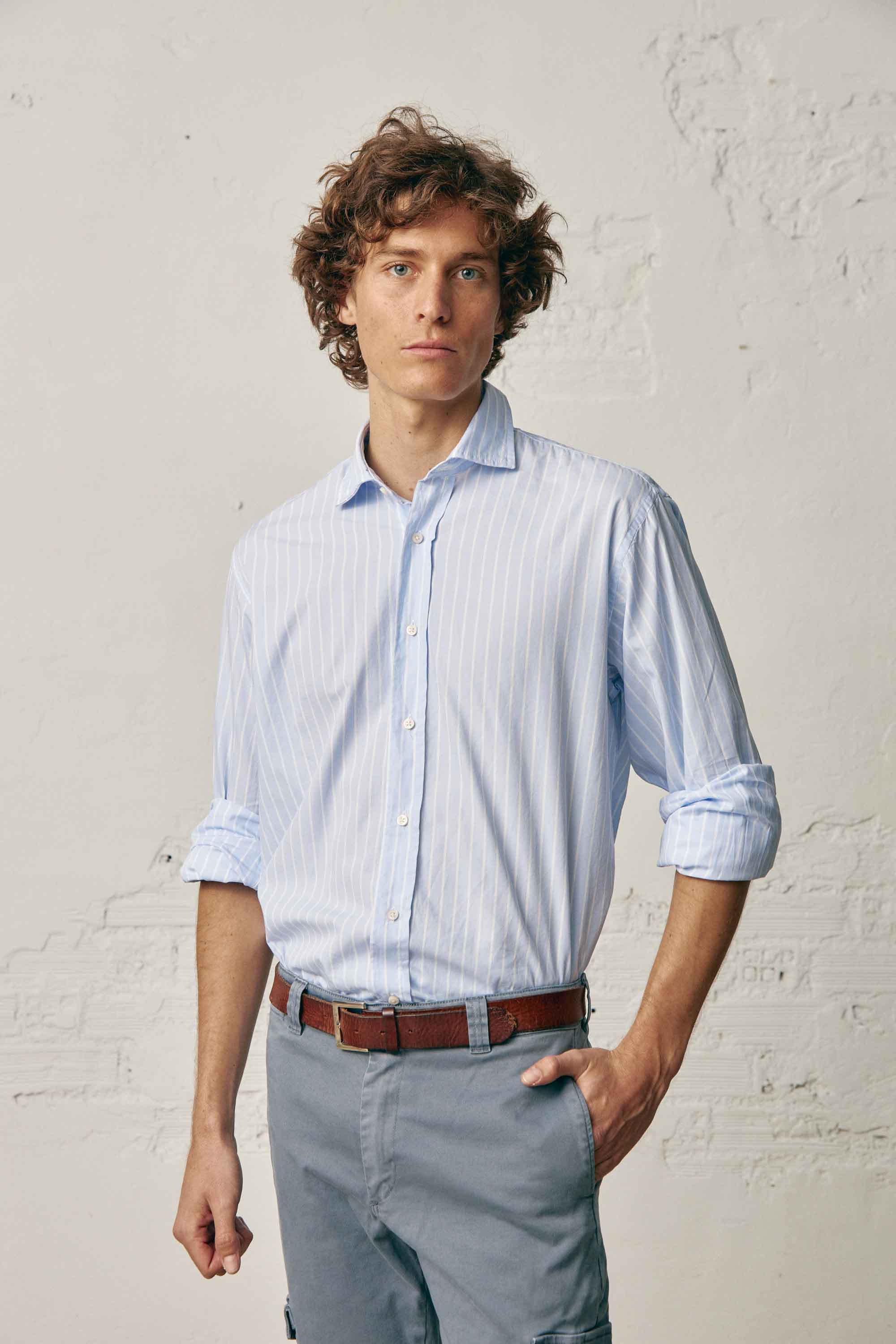 Camisa de Algodón - Algodón Azul Rayas Blancas