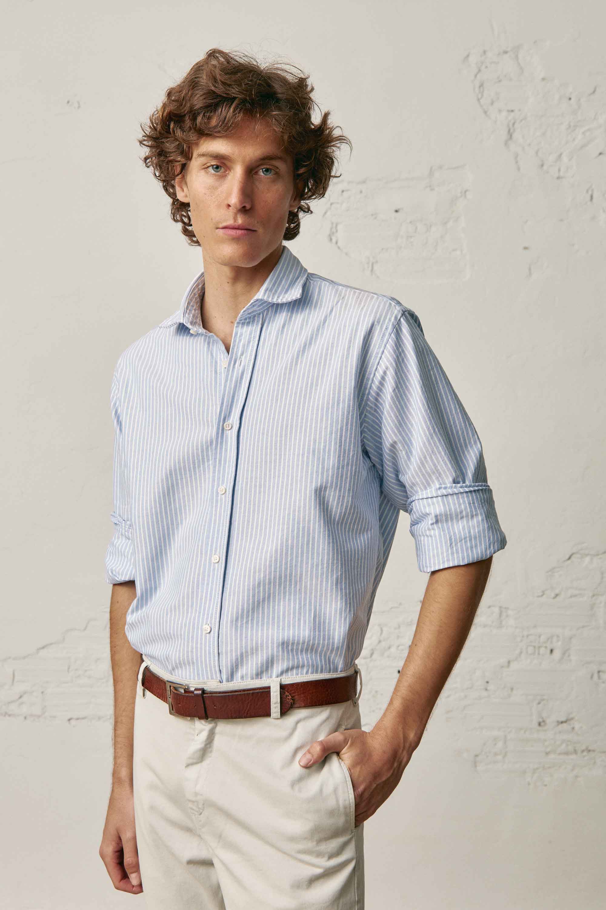 Camisa de Algodón - Oxford Azul Rayas Blancas