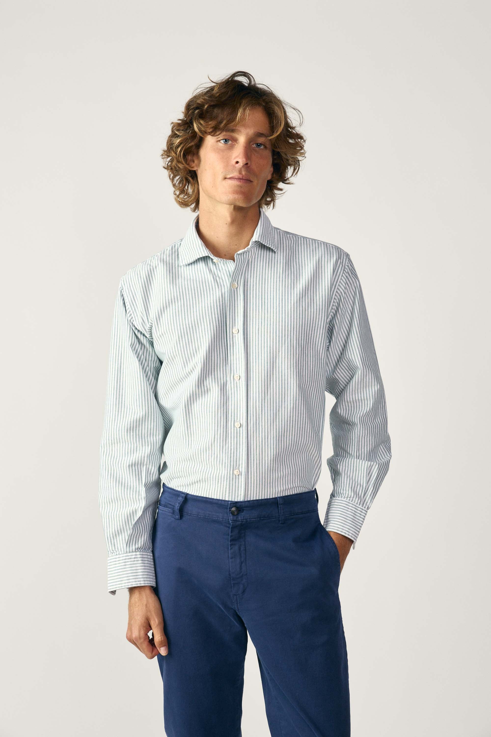 Camisa de Algodón - Oxford Rayas Verde Oscuro y Blanco