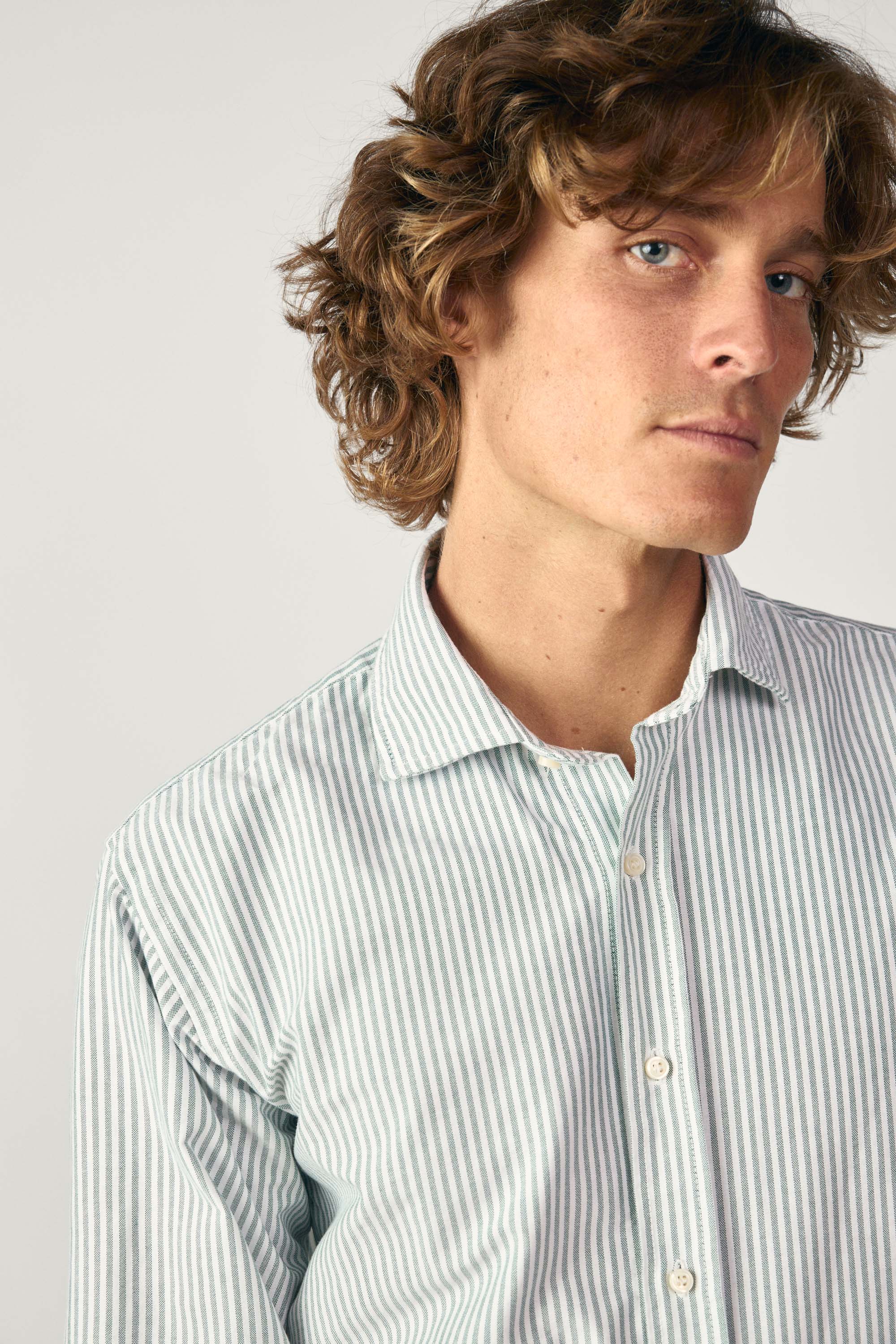 Camisa de Algodón - Oxford Rayas Verde Oscuro y Blanco