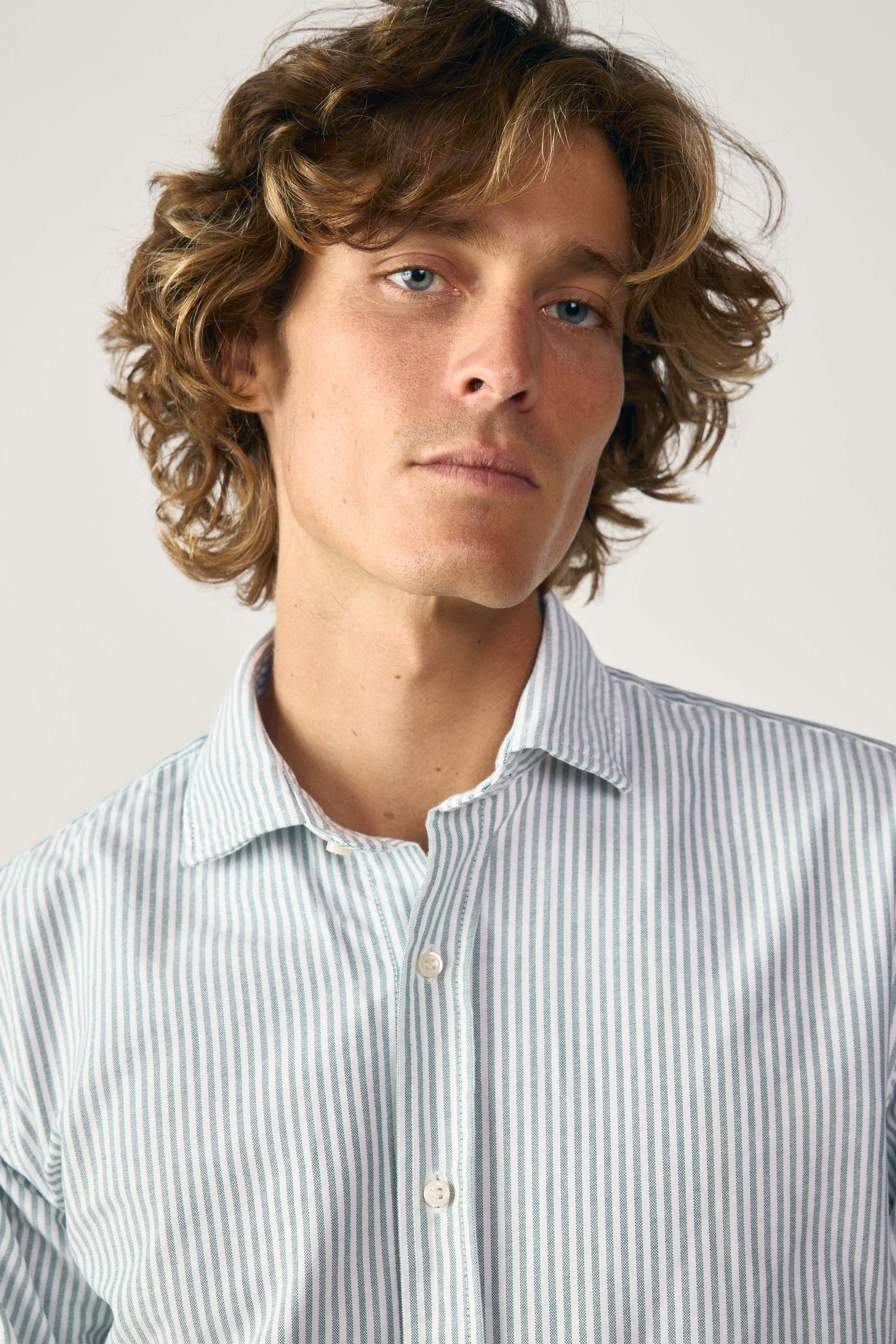 Camisa de Algodón - Oxford Rayas Verde Oscuro y Blanco