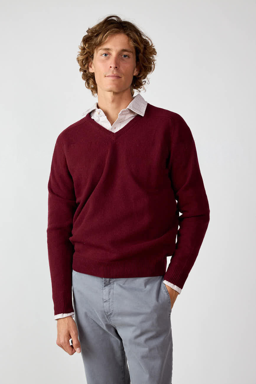 Jersey Cuello Pico Shetland - Burdeos Jaspeado