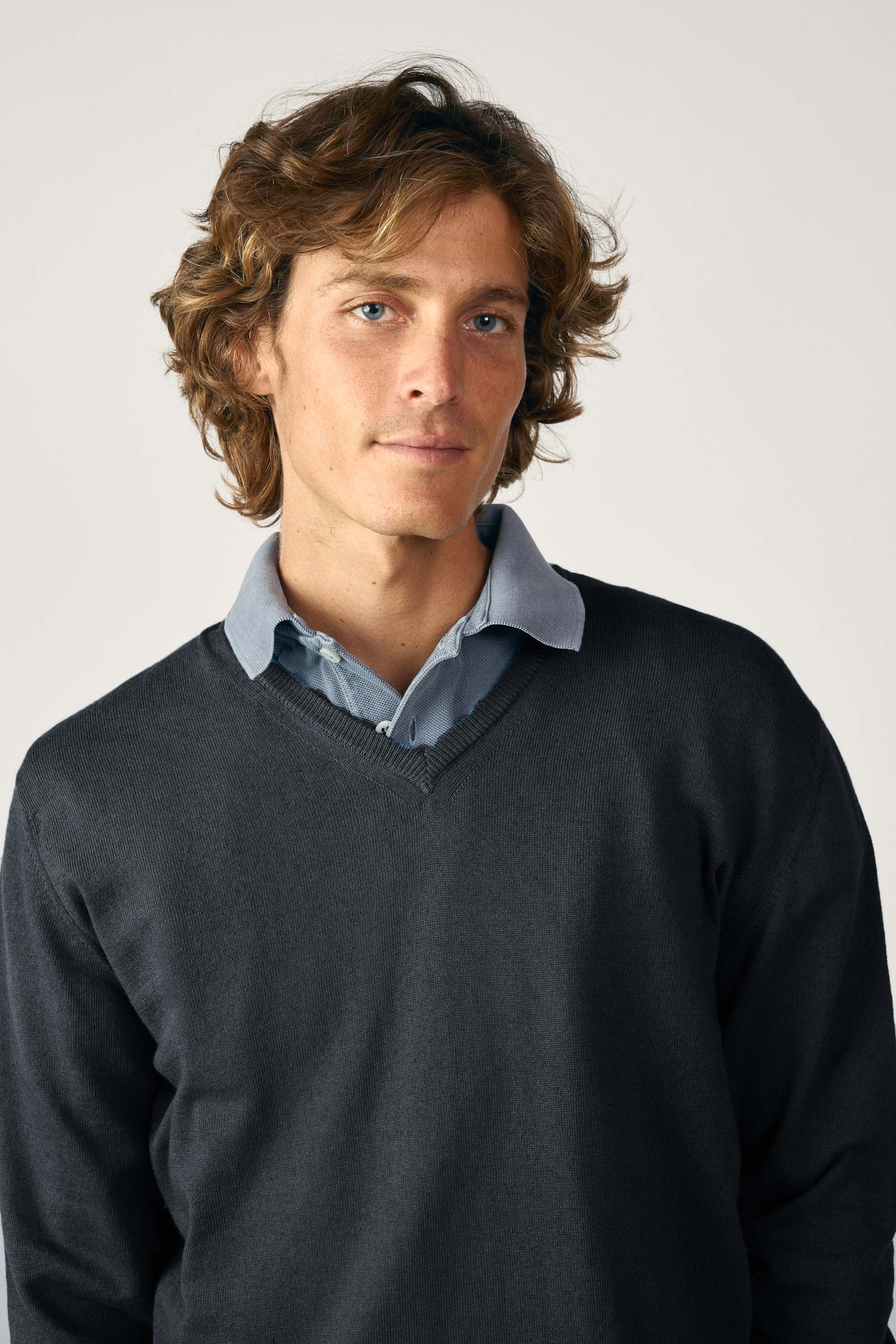 Jersey Cuello Pico Algodón - Gris Marengo