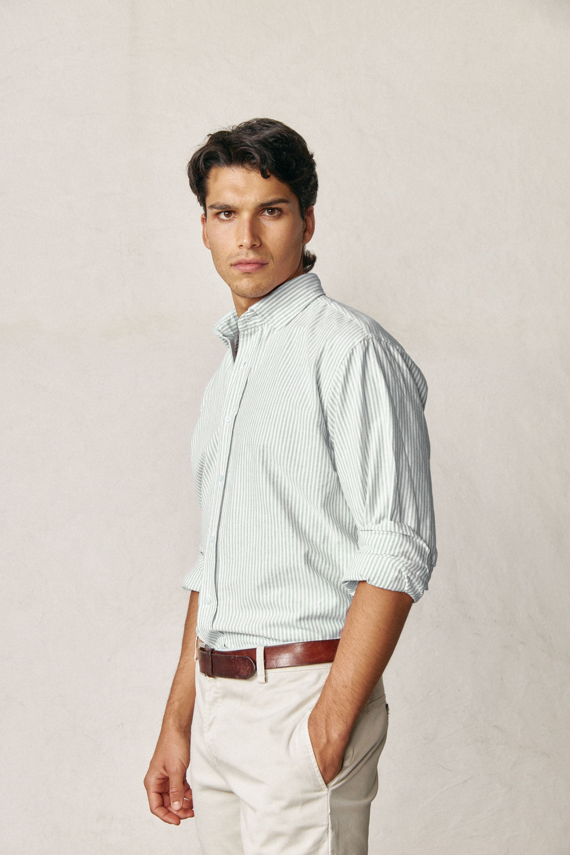Camisa de Algodón - Oxford Rayas Verde y Blanco