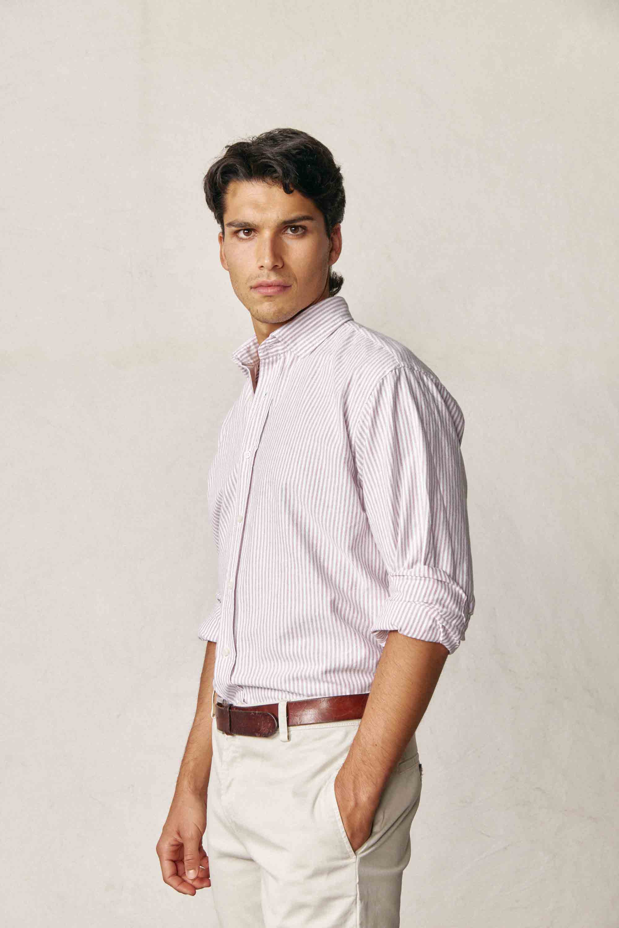 Camisa de Algodón - Oxford Rayas Burdeos y Blanco