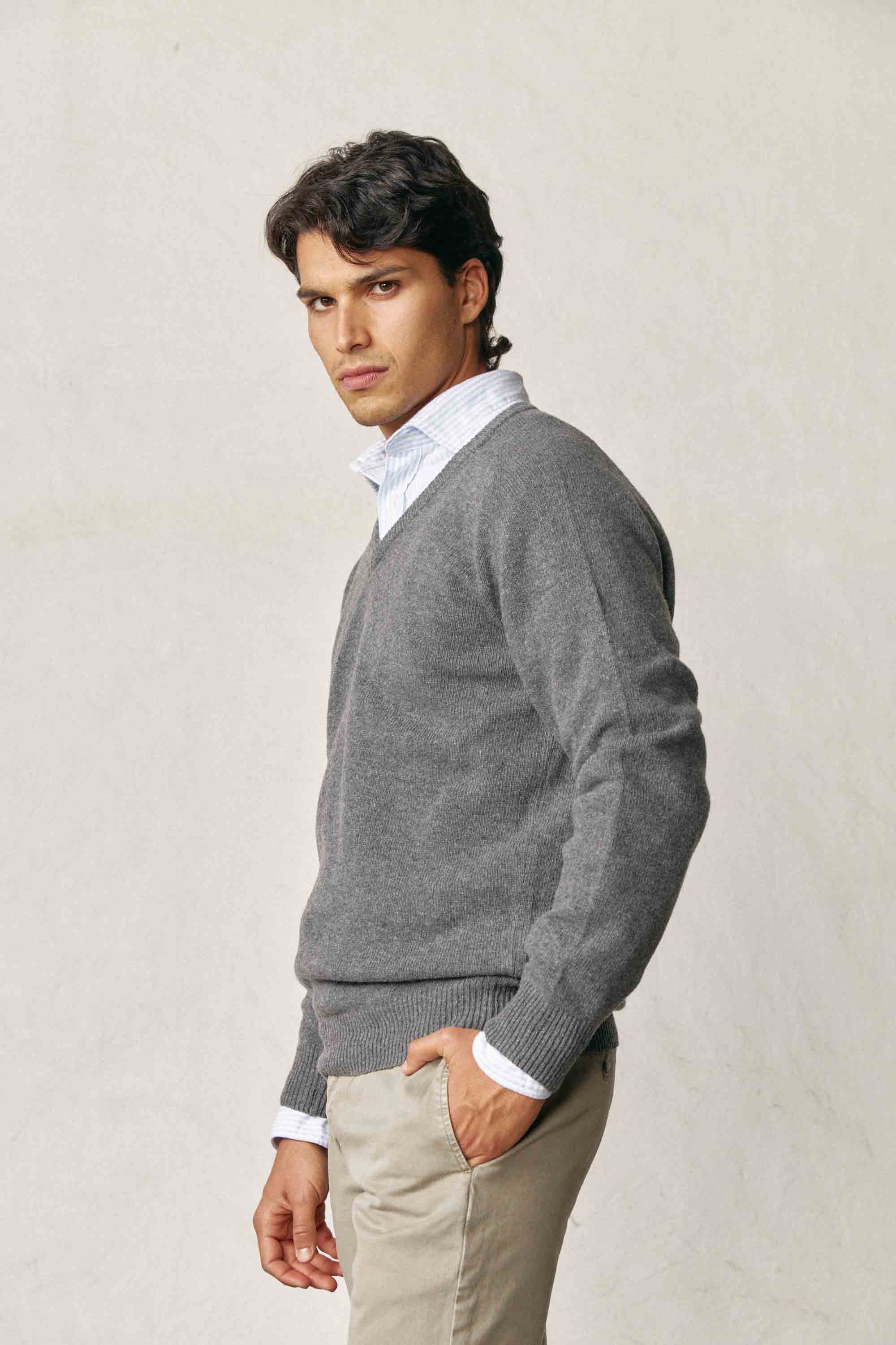 Jersey Cuello Pico Lambswool - Gris Marengo