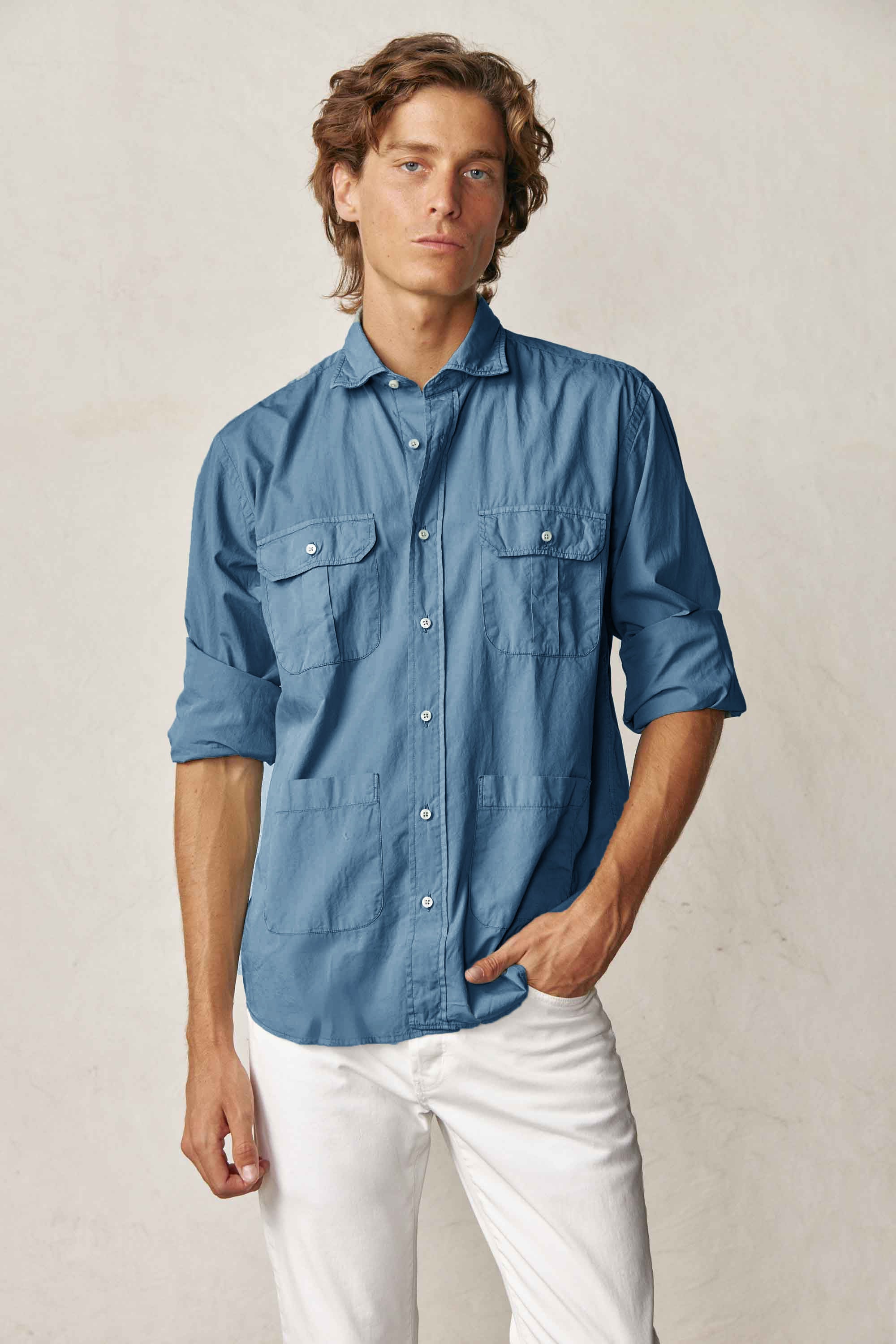 Camisa Guayabera de Popelin - Azul Petróleo