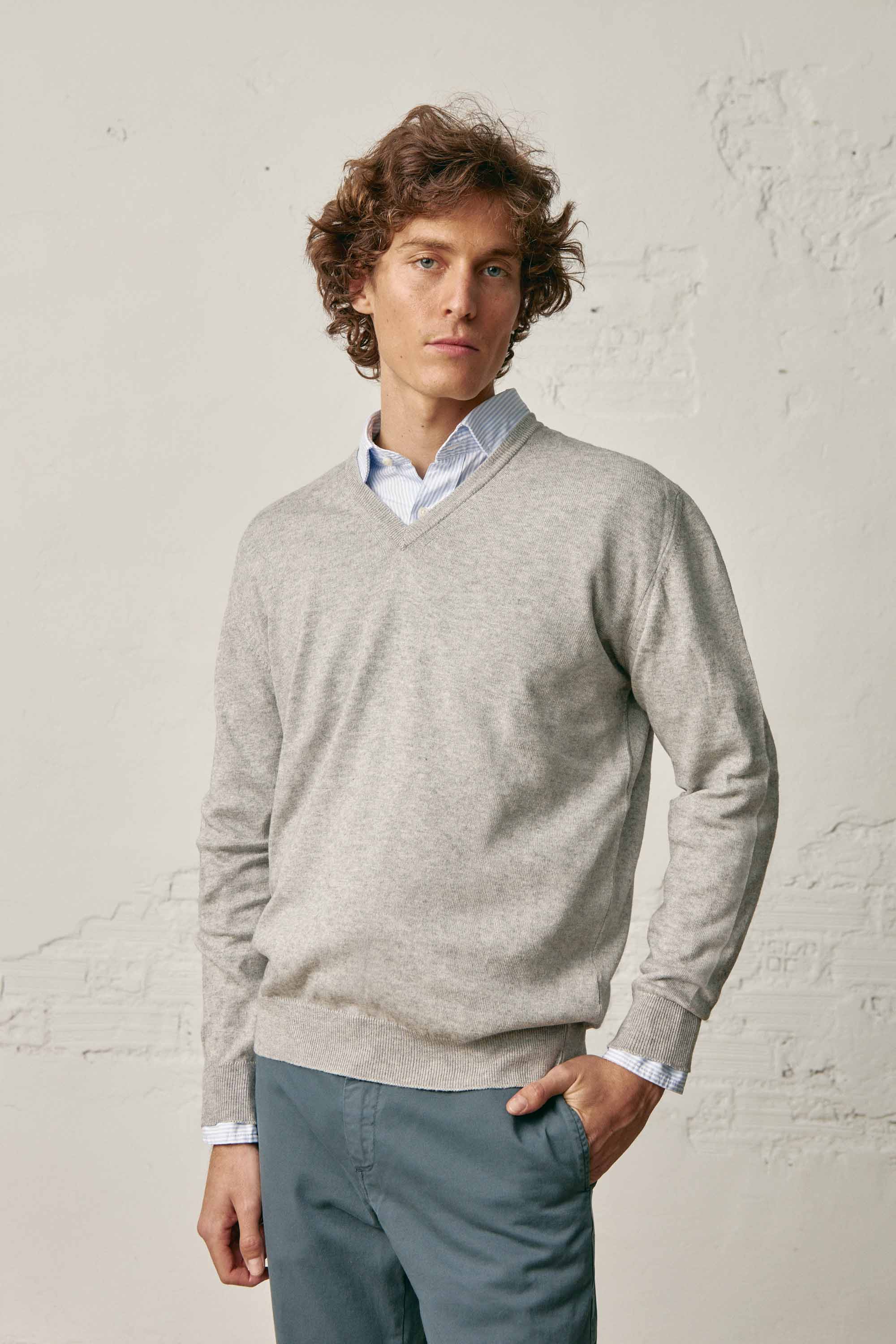 <tc>Sweater</tc> Cotton V-neck / <tc>Wool</tc> - Light Gray