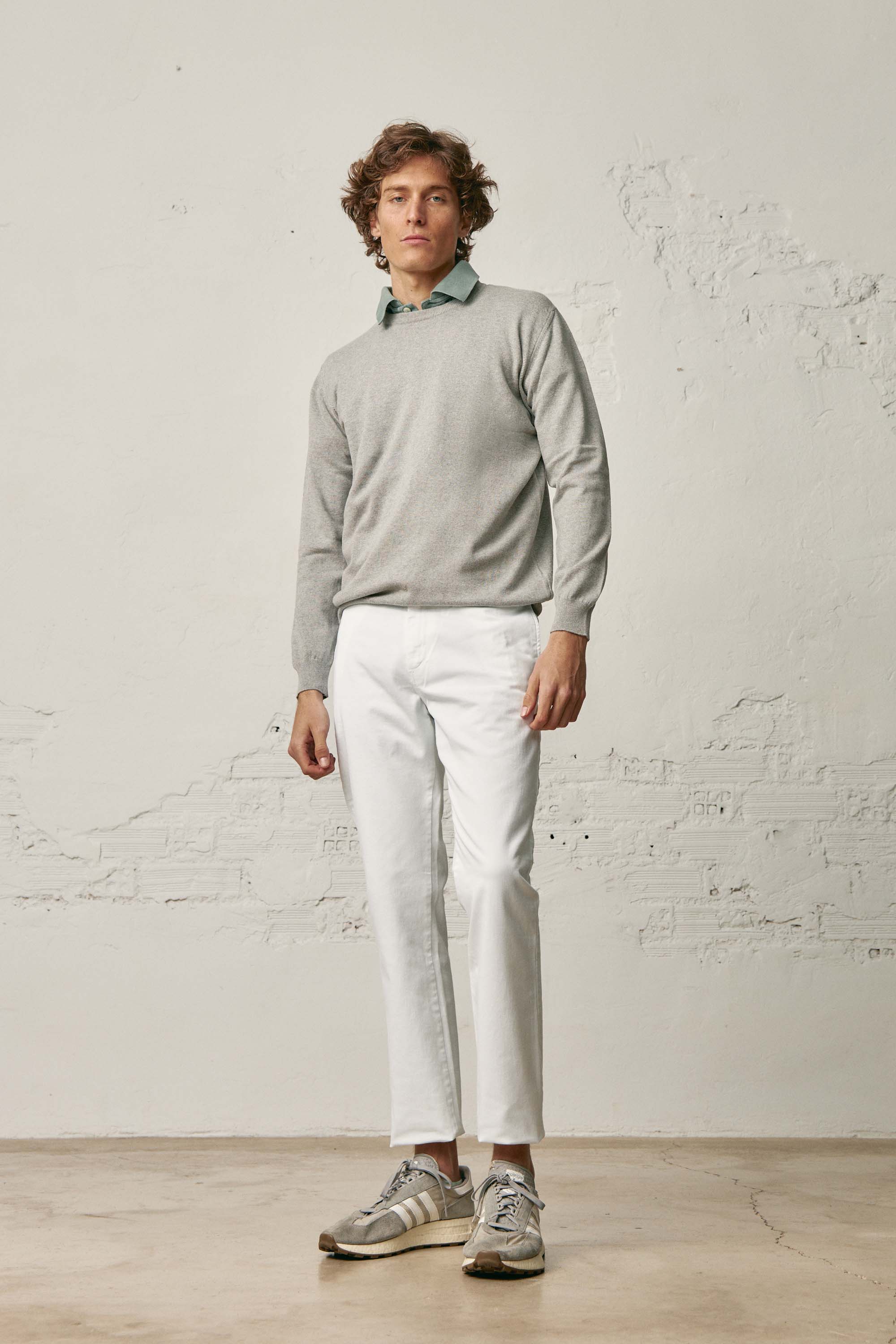 <tc>Sweater</tc> Fine Cotton Round Neck / <tc>Wool</tc> - Light Gray
