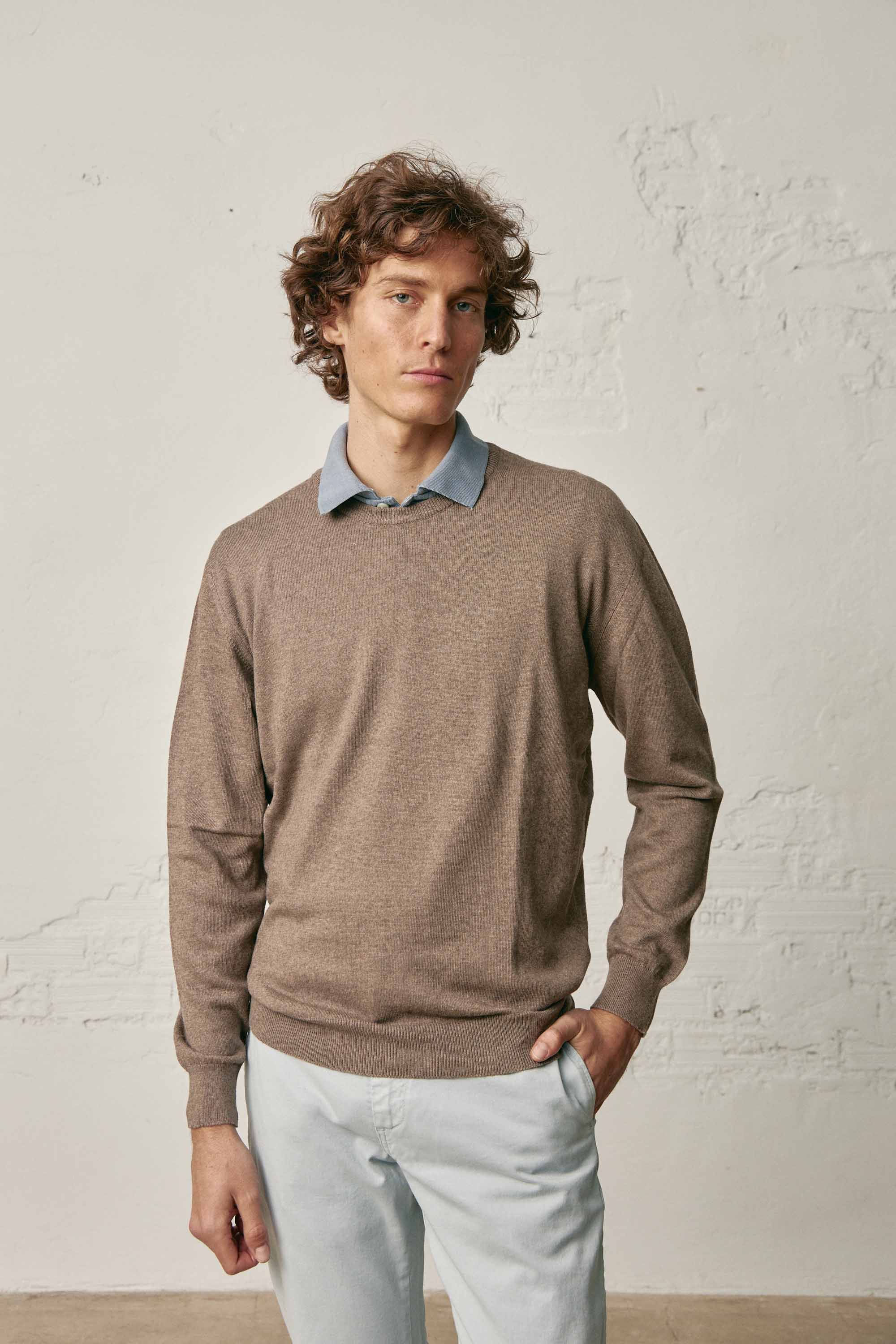<tc>Sweater</tc> Fine Cotton Round Neck / <tc>Wool</tc> - Tan