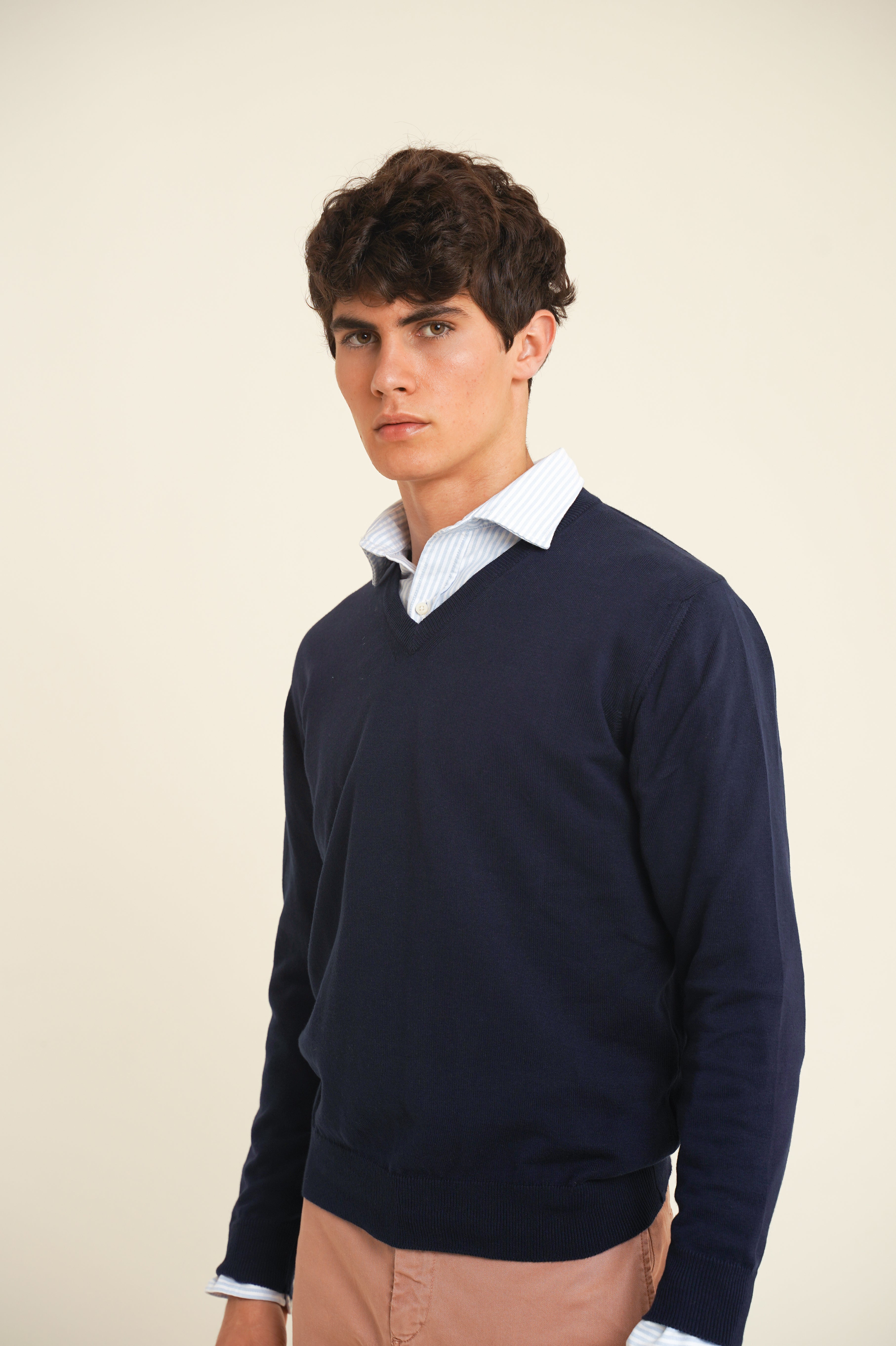 <tc>Sweater</tc> Cotton V-neck - Navy Blue