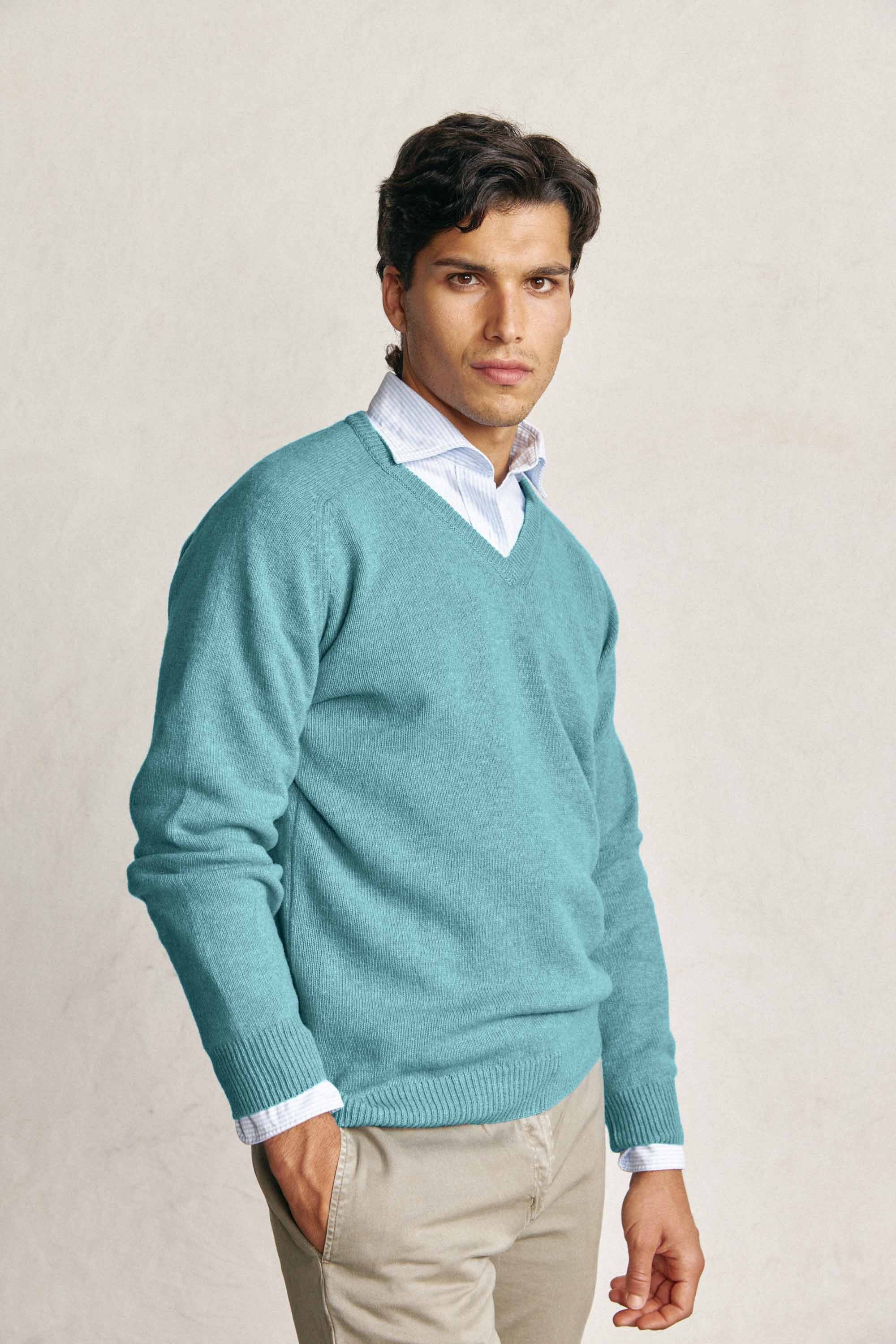 Jersey Cuello Pico Lambswool - Turquesa - Fernando de Cárcer