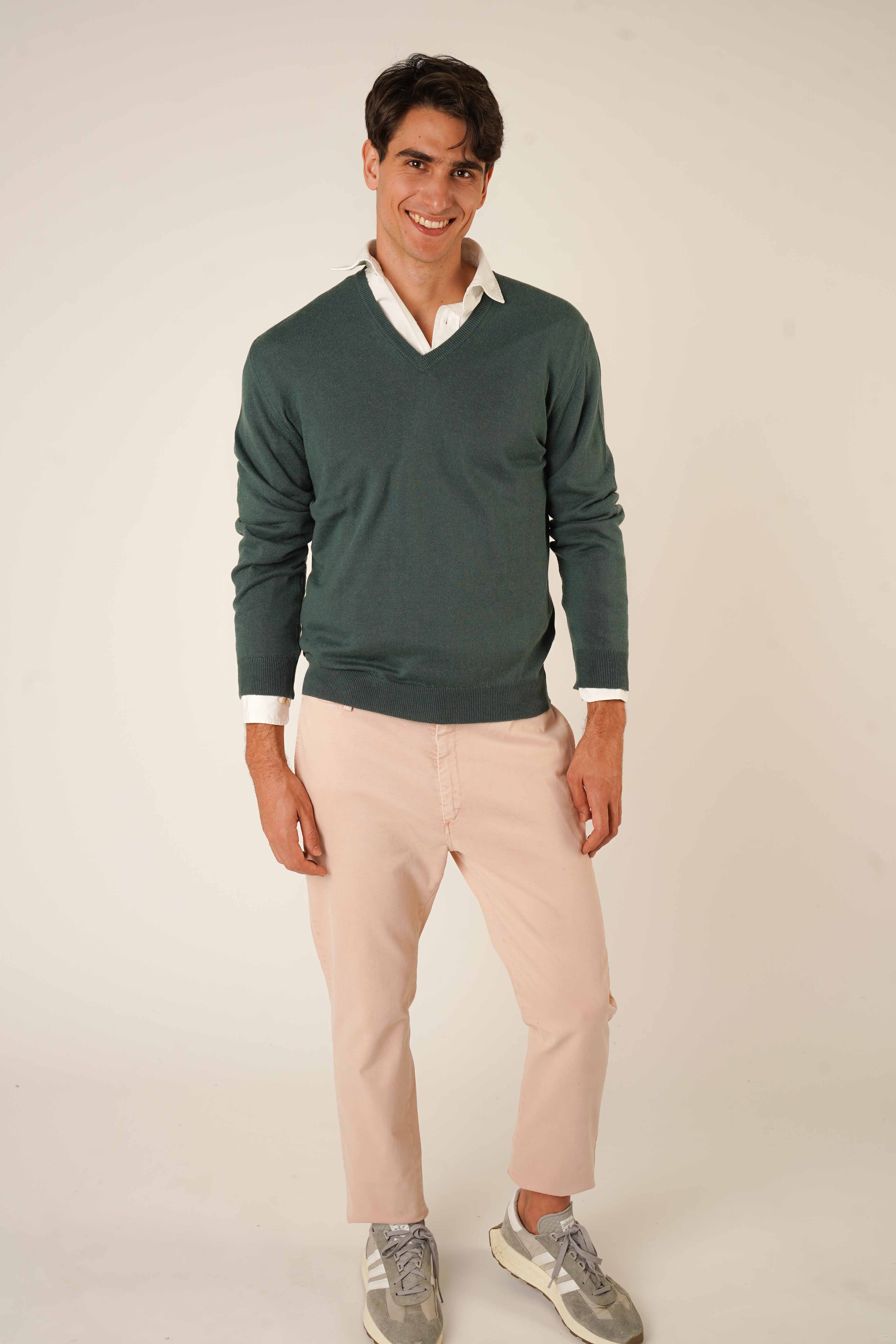 <tc>Sweater</tc> Cotton V-neck / <tc>Wool</tc> - Bottle Green