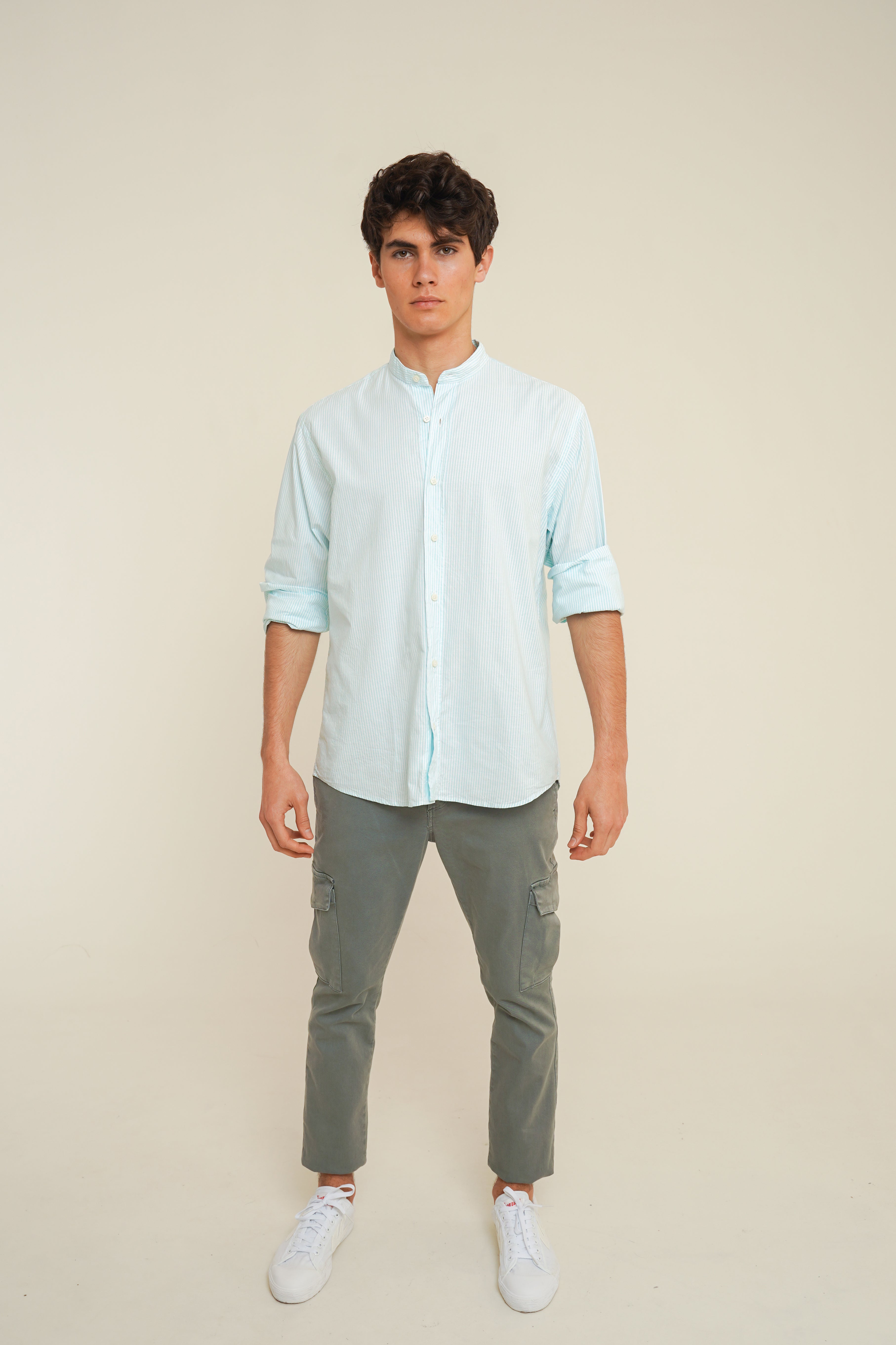 <tc>Shirt</tc> Cotton Mao Collar - Aqua and White Stripes