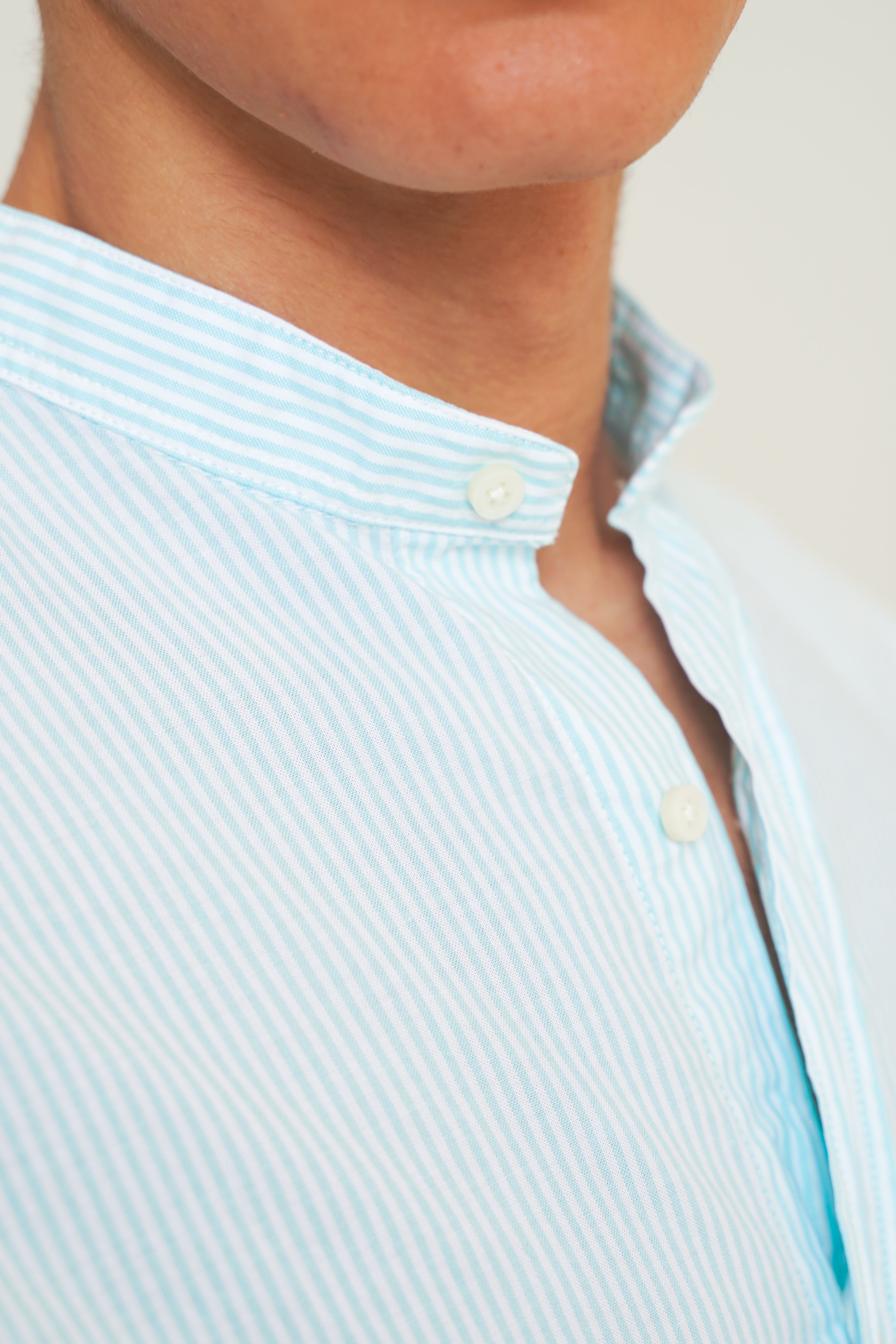 <tc>Shirt</tc> Cotton Mao Collar - Aqua and White Stripes
